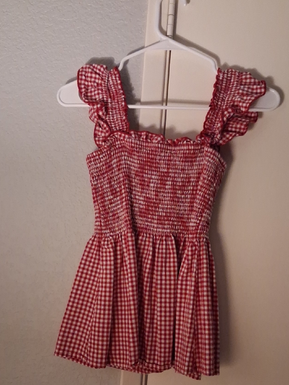 Women’s Red Gingham Smocked Tank Top with Ruffle Straps